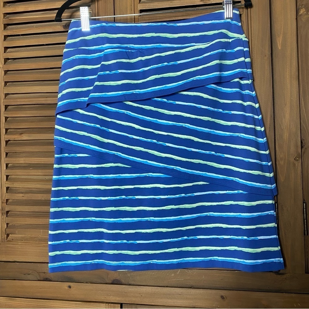 J. McLaughlin Athleisure Nicola blues,lime green&white stripe tiered skirt SZ-S - Picture 2 of 6